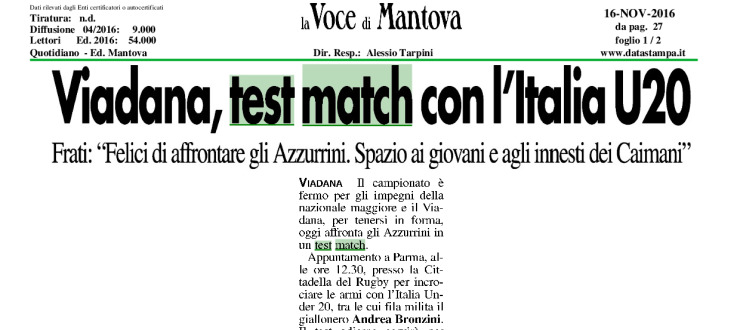 Viadana, test match con l'Italia U20