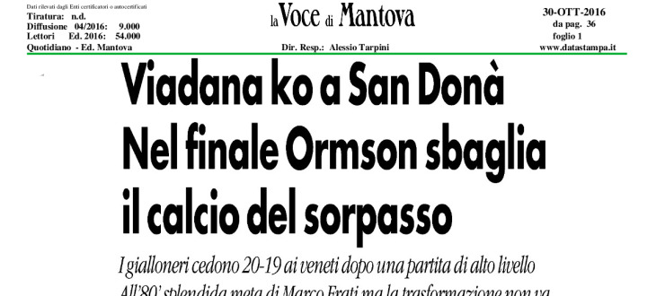 Viadana ko a San Donà. Nel finale Ormson sbaglia il calcio del sorpasso