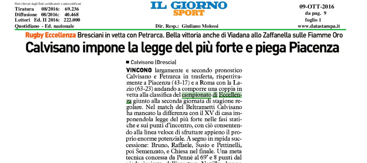 Calvisano impone la legge del più forte e piega Piacenza