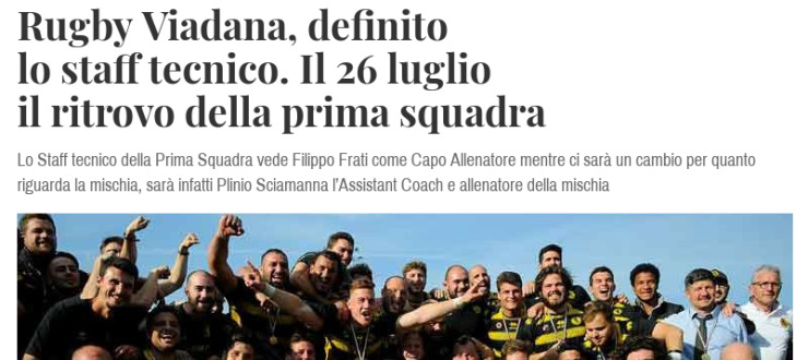 Rugby Viadana, definito lo staff tecnico. Il 26 luglio il ritrovo della prima squadra