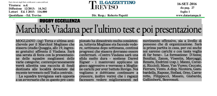 Marchiol: Viadana per l'ultimo test e poi presentazione