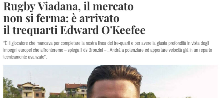 Rugby Viadana, il mercato non si ferma: è arrivato il trequarti Edward O'Keefee