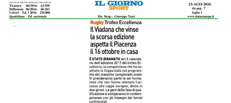 Trofeo Eccellenza. Il Viadana che vinse la scorsa edizione aspetta il Piacenza il 16 ottobre in casa