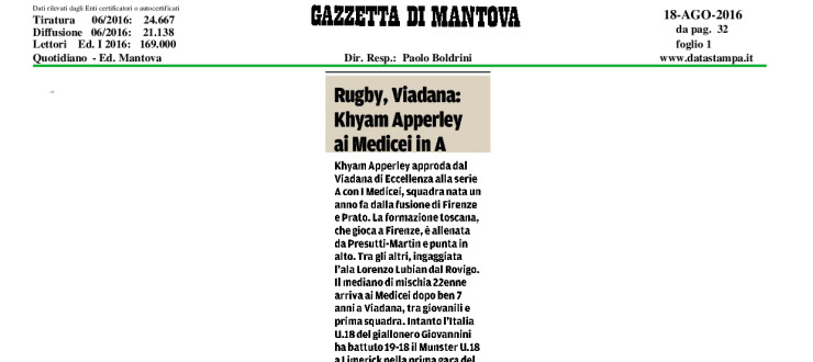 Rugby, Viadana: Khyam Apperley ai Medicei in A