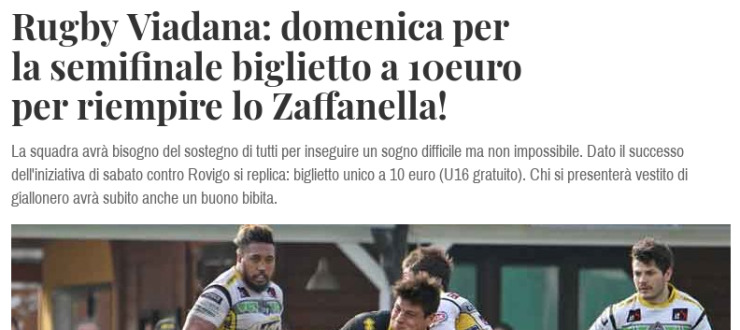 Rugby Viadana: domenica per la semifinale biglietto a 10euro per riempire lo Zaffanella