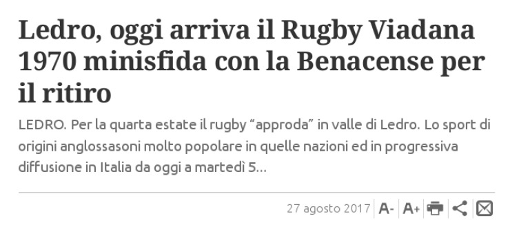 Ledro, oggi arriva il Rugby Viadana 1970 minisfida con la Benacense per il ritiro