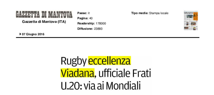 Rugby Eccellenza. Viadana, ufficiale Frati