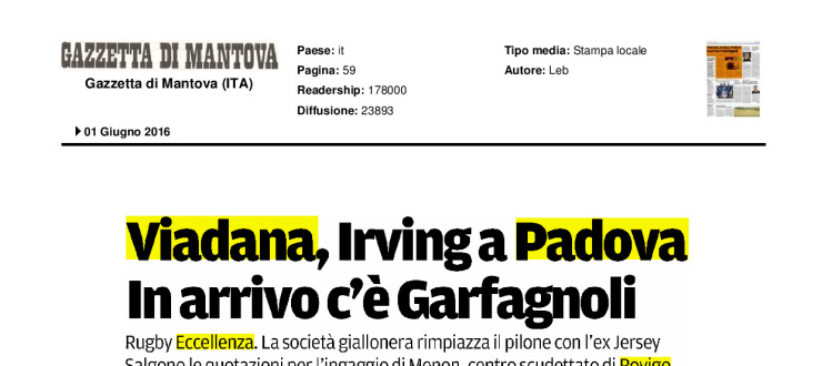 Viadana, Irving a Padova. In arrivo c'è Garfagnoli