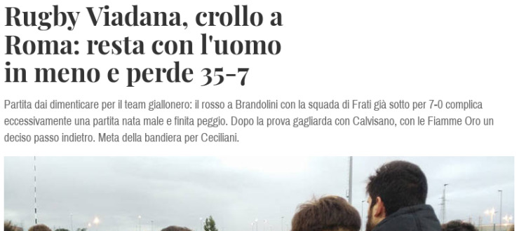 Rugby Viadana, crollo a Roma: resta con l'uomo in meno e perde 35-7