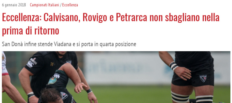 Eccellenza: Calvisano, Rovigo e Petrarca non sbagliano nella prima di ritorno