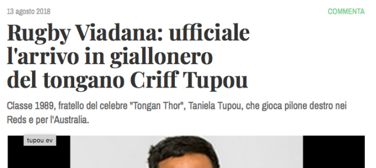 Rugby Viadana: ufficiale l'arrivo in giallonero del tongano Criff Tupou