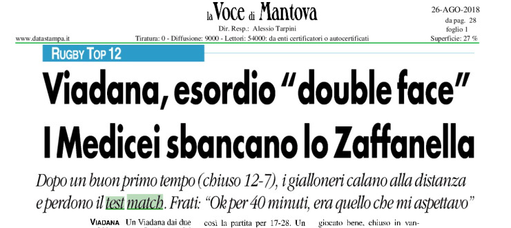 Viadana, esordio "double face". I Medicei sbancano lo Zaffanella