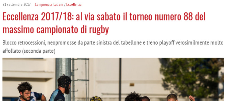 Eccellenza 2017/18: al via sabato il torneo numero 88 del massimo campionato di rugby