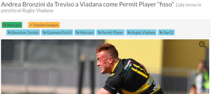 Andrea Bronzini da Treviso a Viadana come Permit Player “fisso”.  