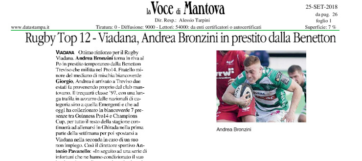 Rugby Top12 - Viadana, Andrea Bronzini in prestito dalla Benetton