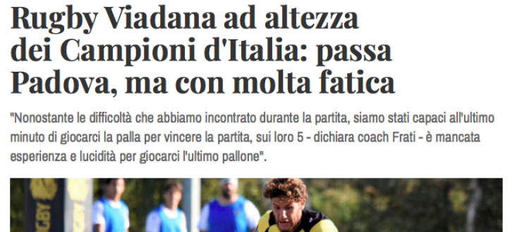 Rugby Viadana ad altezza  dei Campioni d'Italia: passa  Padova, ma con molta fatica