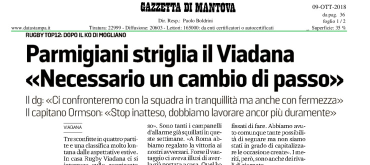 Parmigiani striglia il Viadana «Necessario un cambio di passo»