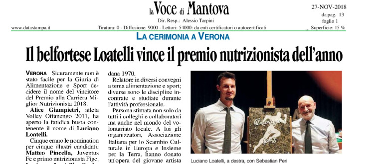 Il belfortese Loatelli vince il premio nutrizionista dell'anno